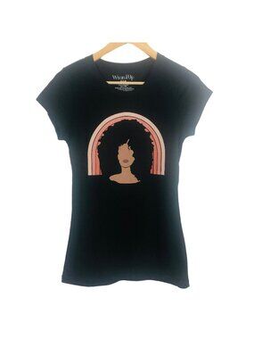 Wound Up Graphic Womens Retro Black Tee Sz Medium Rainbow Glam Lady Head